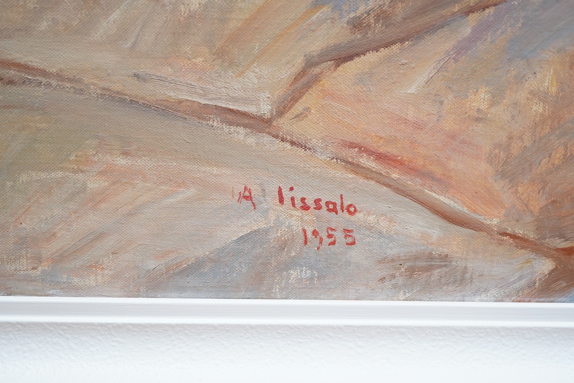 A. Lissalo (20th. C), Seascape, signed and dated 1955, with plaque to the frame, oil on board, 58 x 99cm